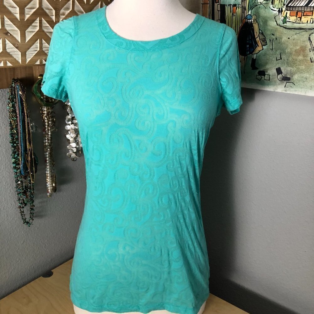 MARMOT T Shirt Women's size S Teal Green Paisley Burnout Short Sleeve Crew Neck